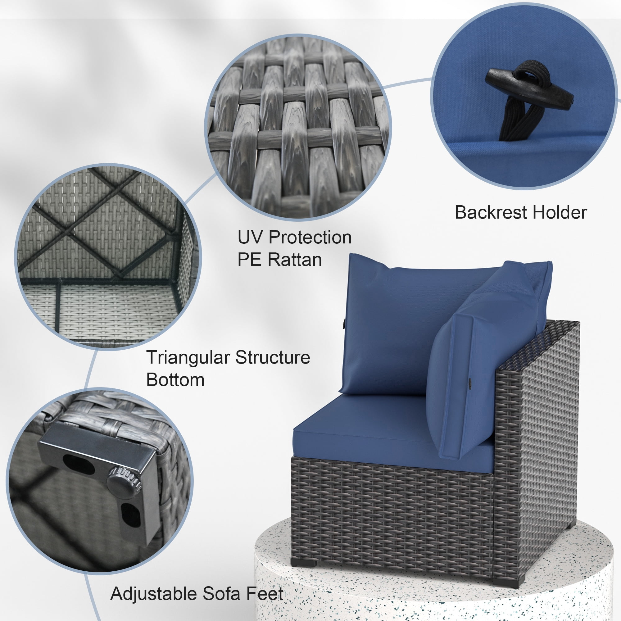 GOJOOASIS Patio Furniture Set, 7 Pieces Outdoor PE Rattan Couch with Glass Table All Weather Sectional Washable Cushion Blue