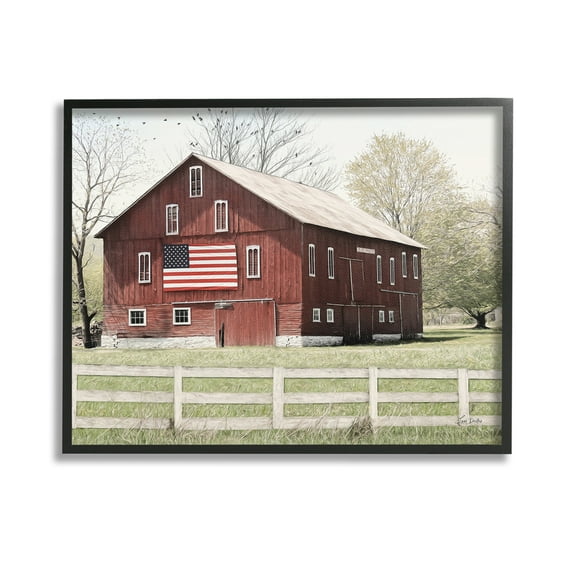 Stupell Industries Patriotic Barn Flag Landscape Painting Black Framed Art Print Wall Art, 14 x 11