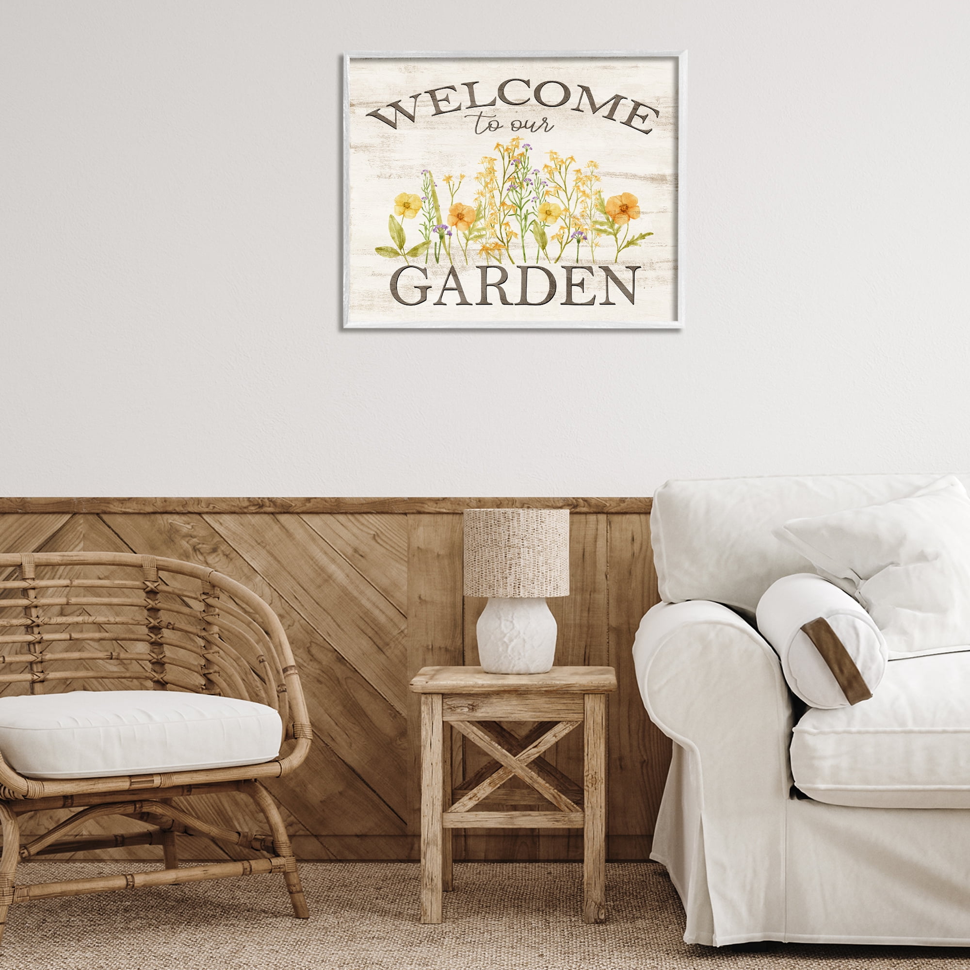 Stupell Industries Welcome To Our Garden Botanical & Floral Painting White Framed Art Print Wall Art, 30 x 24