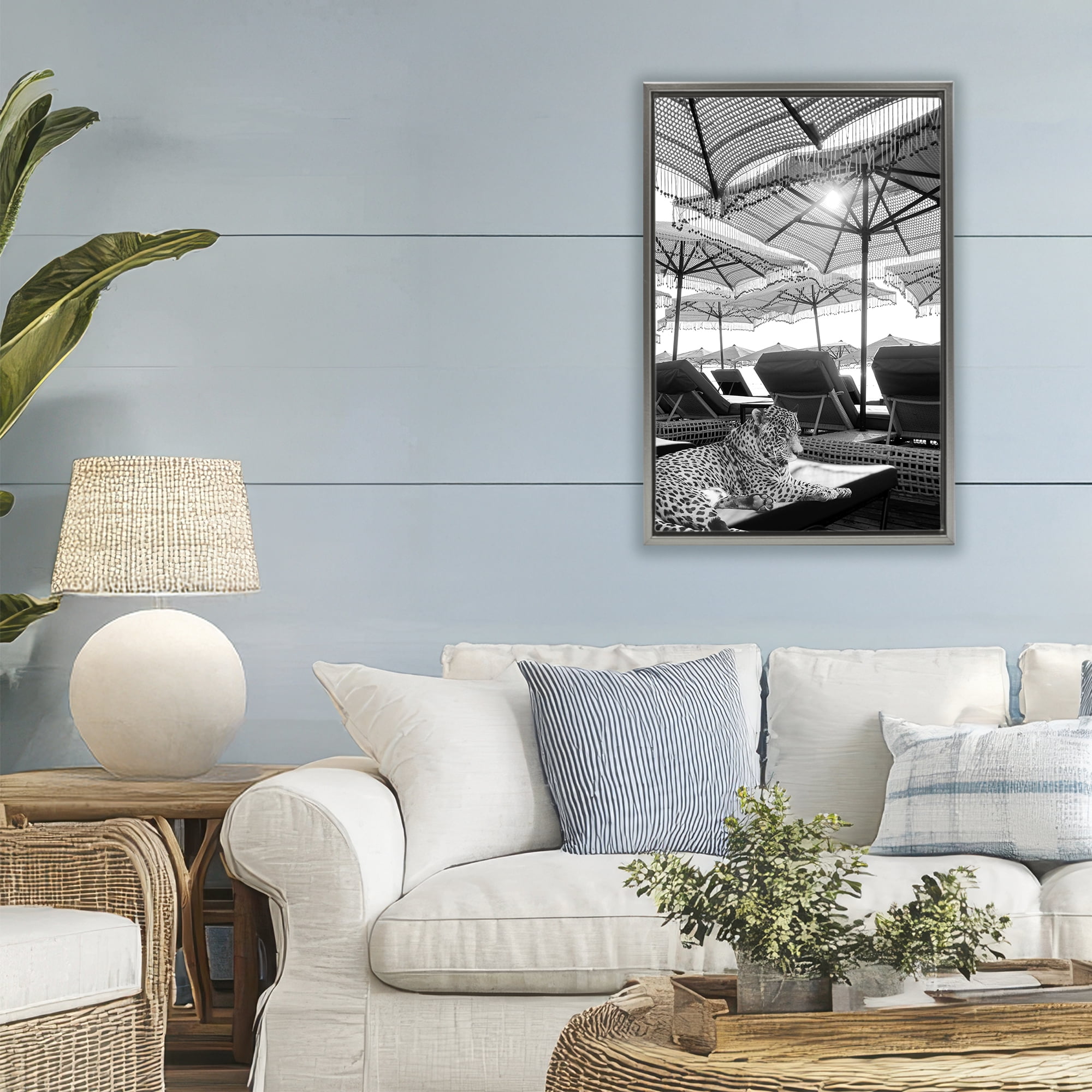 Stupell Industries Leopard On Tropical Vacation Gray Framed Floater Canvas Wall Art, design by Grotto Studios