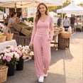 thumbnail image 4 of 2 Piece Sets for Women V Neck Long Sleeve Crop Top Pocket Wide Leg Pants Matching Sets Women Clothing for Daily Going‑Out Outfit Pink S, 4 of 7