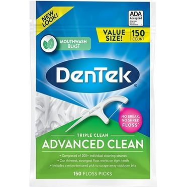 DenTek Triple Clean Advanced Clean Floss Picks, No Break & No Shred Floss, 150 Count