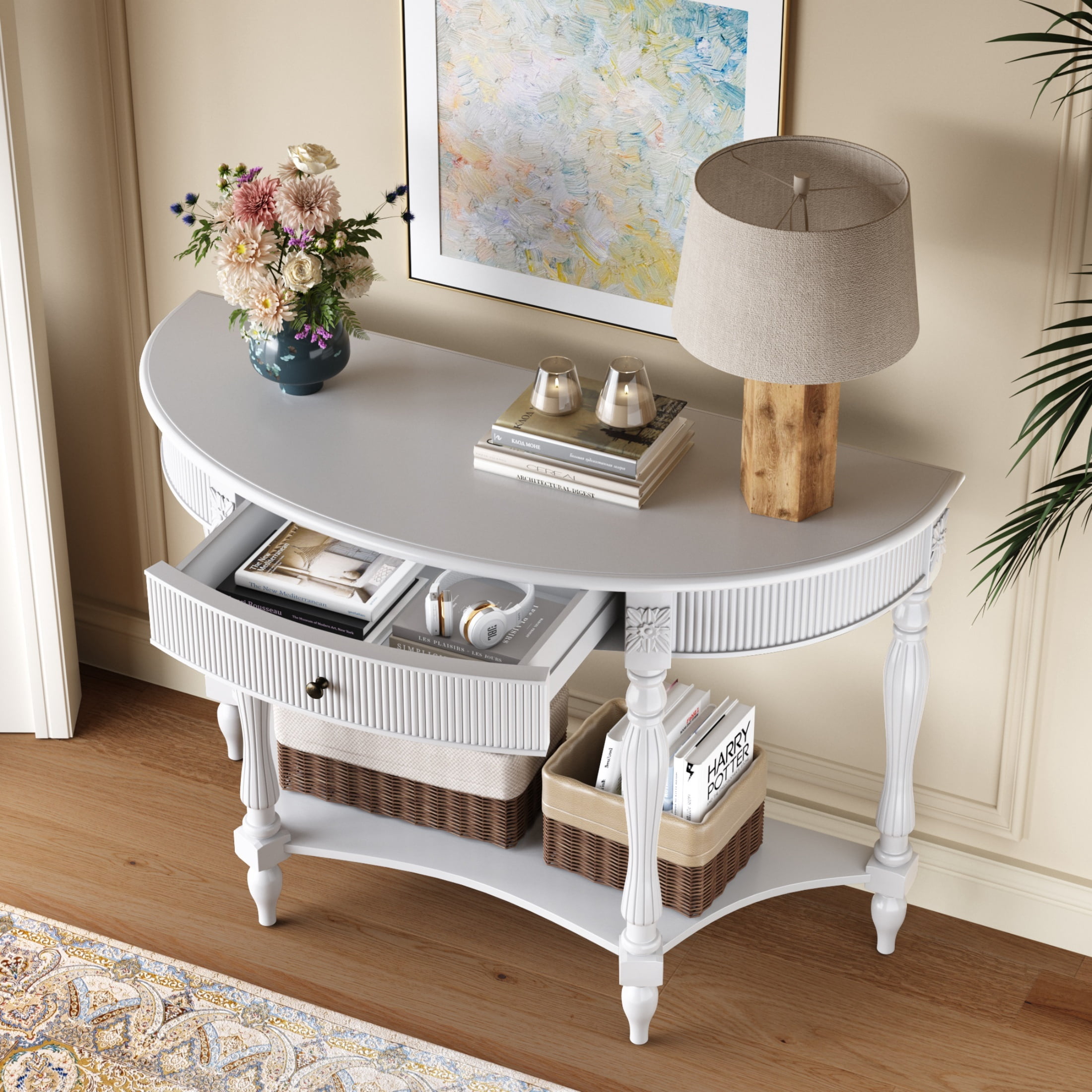 Accent Console Table with Semicircle Tabletop, Drawer & Shelf, Fluted Vintage Entryway Display Table, Sofa Table with Roman Legs