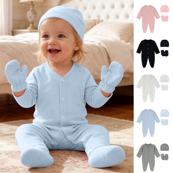 Bovxnpu Baby Boys Bodysuits Newborn Infant Outfits Long Sleeve Crew Neck Romper with Hat Sleepwear