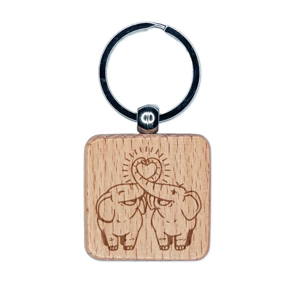 Elephant Couple Heart Trunks Love Anniversary Valentine's Day Square Keychain Charm Tag - Engraved Wood