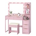 thumbnail image 5 of Tcbosik 42.9 inch Vanity Desk with Lights and Mirror, Charging Station & Cushioned Stool, Makeup Dressing Table with Open Shelves and 5 Storage Drawers for Bedroom, Pink, 5 of 7