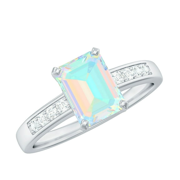 Rosec Jewels Natural Ethiopian Opal Emerald Cut Engagement Ring - 6X8 mm - Opal Diamond Ring - AAA Quality - with Jewelry Box, 925 Sterling Silver, US 4.00