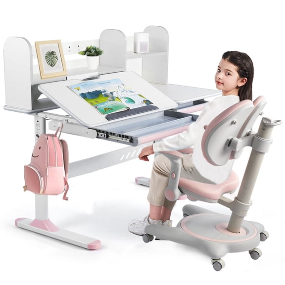 COSVALVE Height Adjust Kids Study Desk and Chair Set Tilt Desktop Table Ergonomic Armrest Chair with Bookstand,Drawer,for Home/School(Pink)