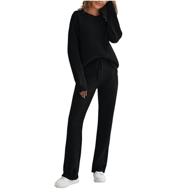 Timegard Plus Size Outfits for Women 2pc Fleece Warm Round Neck Long Sleeve Tops Drawstring Solid Color Pants Lounge Sets