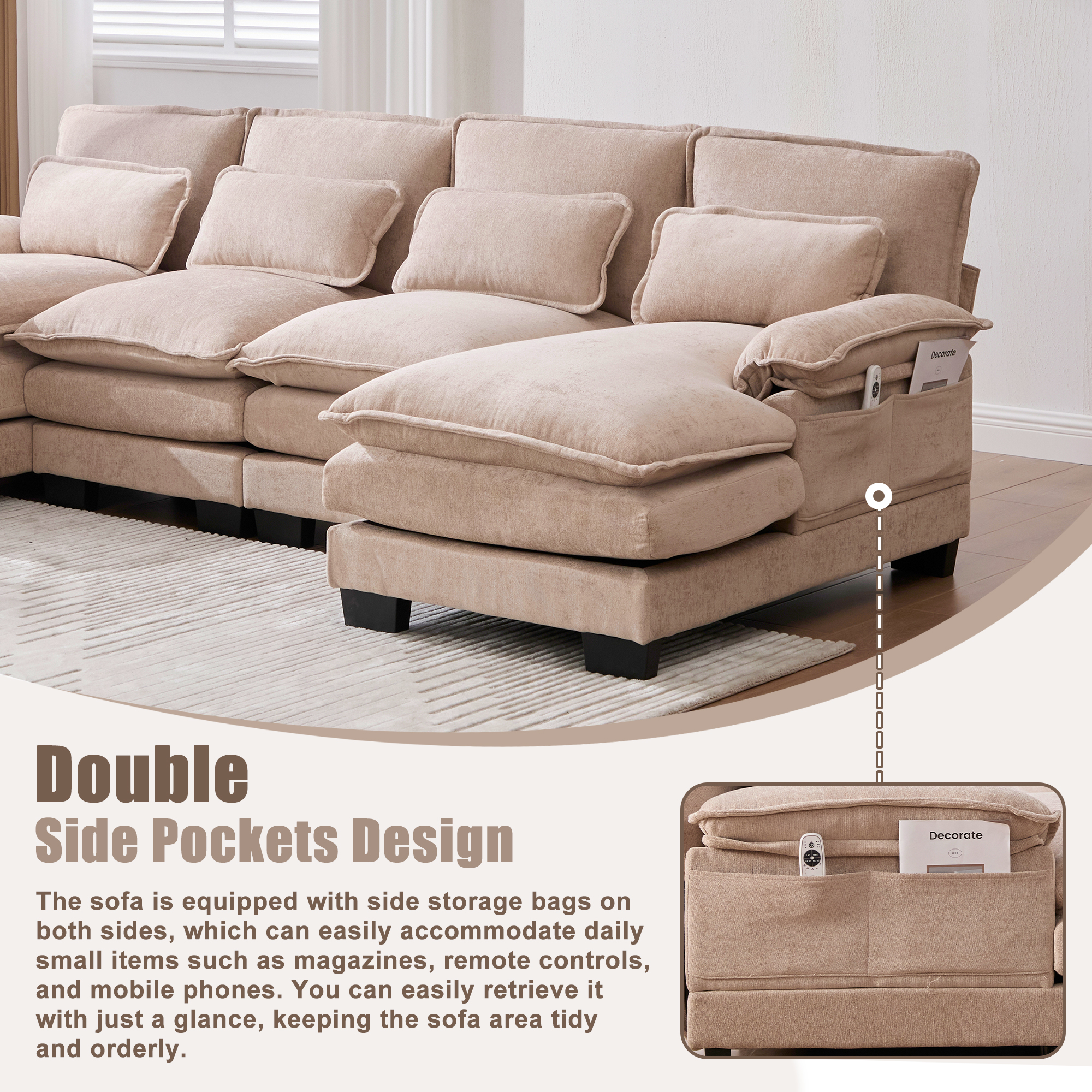 MOONMISS Chenille Upholstered U-Shaped Modular Wood Frame Sleeper Sectional Sofa with Double Chaise-Khaki