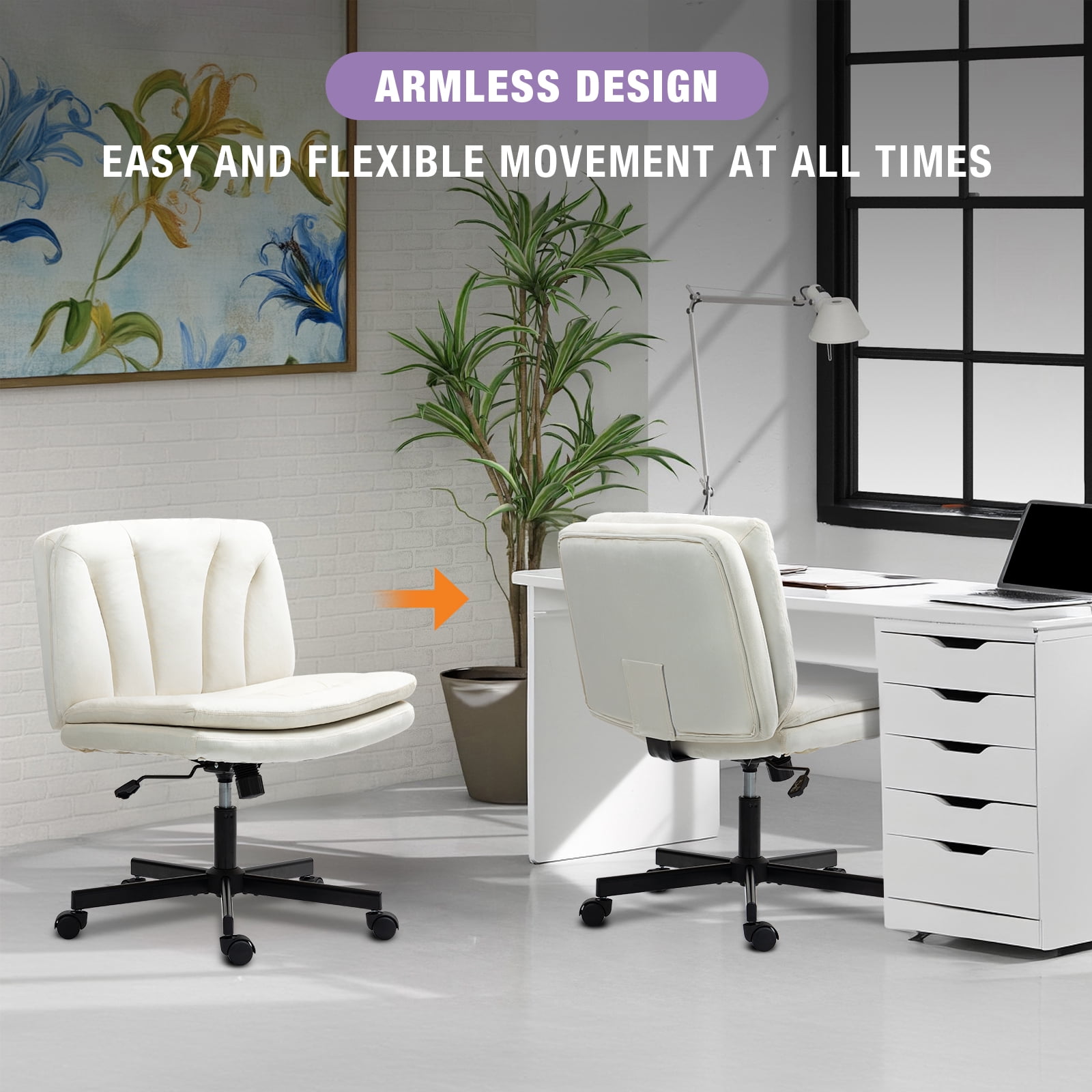 Criss Cross Legged Chair Ergonomic Home Office Desk Chair with Casters, Armless Wide Comfy Computer Task Seat Swivel Rolling Vanity Chair with Height Adjustable and Rocking Function, Beige