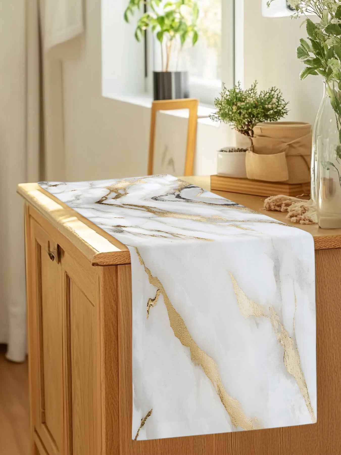 Modern Simple Marble Texture Table Runner 90 Inches Long, Abstract Golden Veins Table Runners Tabletop Scarf Kitchen Dining Tables Decoration for Home Party Indoor Outdoor