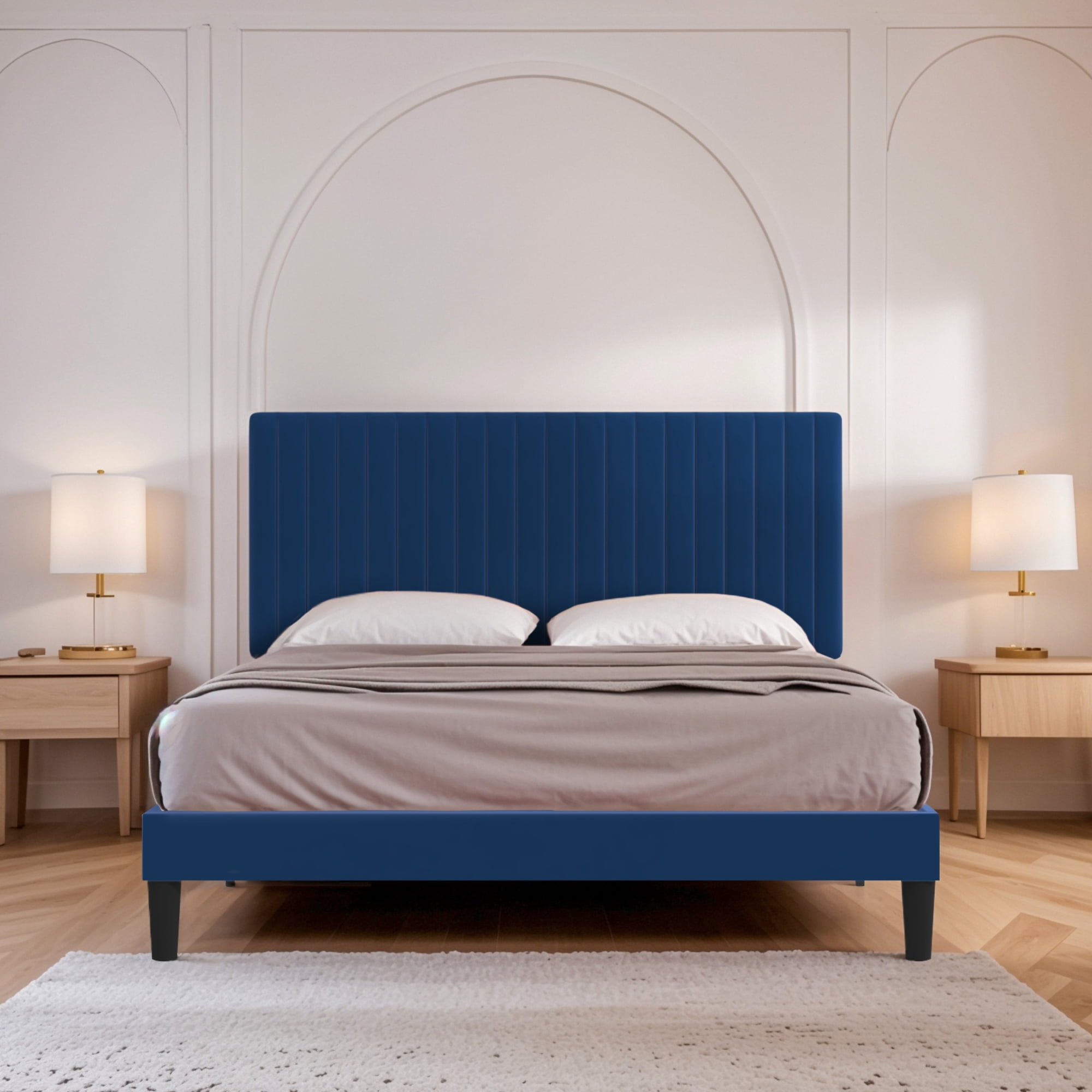 Einfach Queen Size Platform Bed Frame with Upholstered Adjustable Velvet Vertical Tufted Headboard, Blue