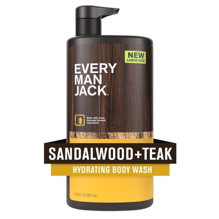 Every Man Jack Sandalwood Teak Hydrating Body Wash for Men, Naturally Derived, 28.8 fl oz