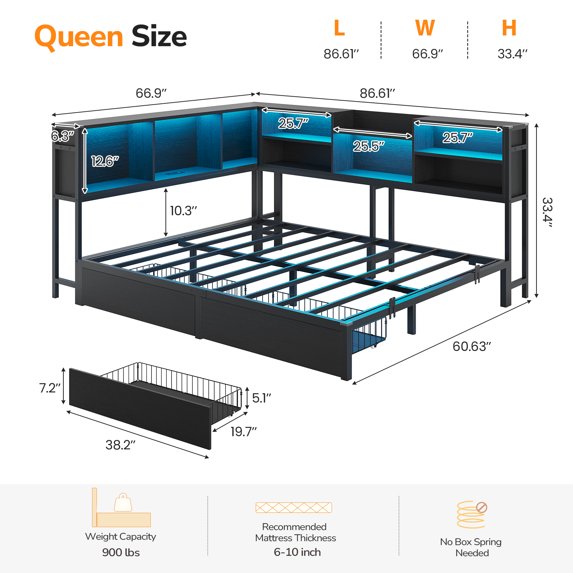 Mabor Queen Size Corner Bed Frame with Charging Station & LED Lights, Queen Daybed with 2 Drawers and Storage Bookcase, Metal Platform Beds for Teens/Adult, Black