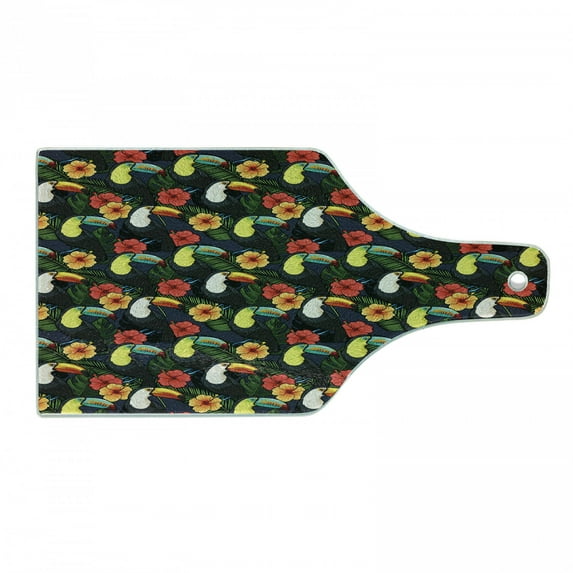 Watercolor Cutting Board, Toucan Birds and Hibiscus Flowers Tropical Exotic Hawaii Flora and Fauna Cartoon, Tempered Glass Cutting and Serving Board, Wine Bottle Shape, Multicolor, by Ambesonne
