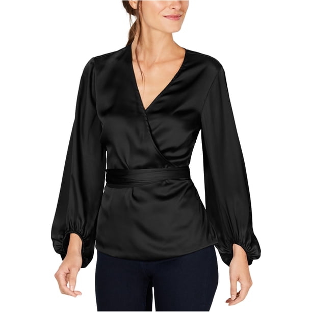 INC Blusa cruzada con manga de blusón para mujer, negro, mediano I-N-C Envolver