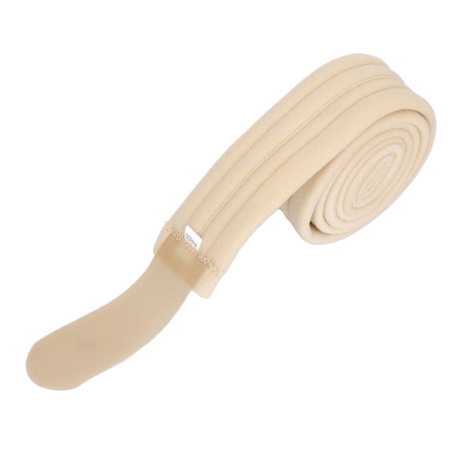 soporte para muñeca con cabestrillo para brazo: ajustable, cómodo, previene la dislocación de codos, acelera la recuperación, inmoviliza y apoya lesiones en las articulaciones banda acolchada beige en vista frontal, correa larga con cierre de gancho y bucle visible, tejido compuesto suave y sección moldeada para la muñeca; correa recortable para ajuste personalizado; también suele usarse para soporte ligero durante ejercicios de rehabilitación.
