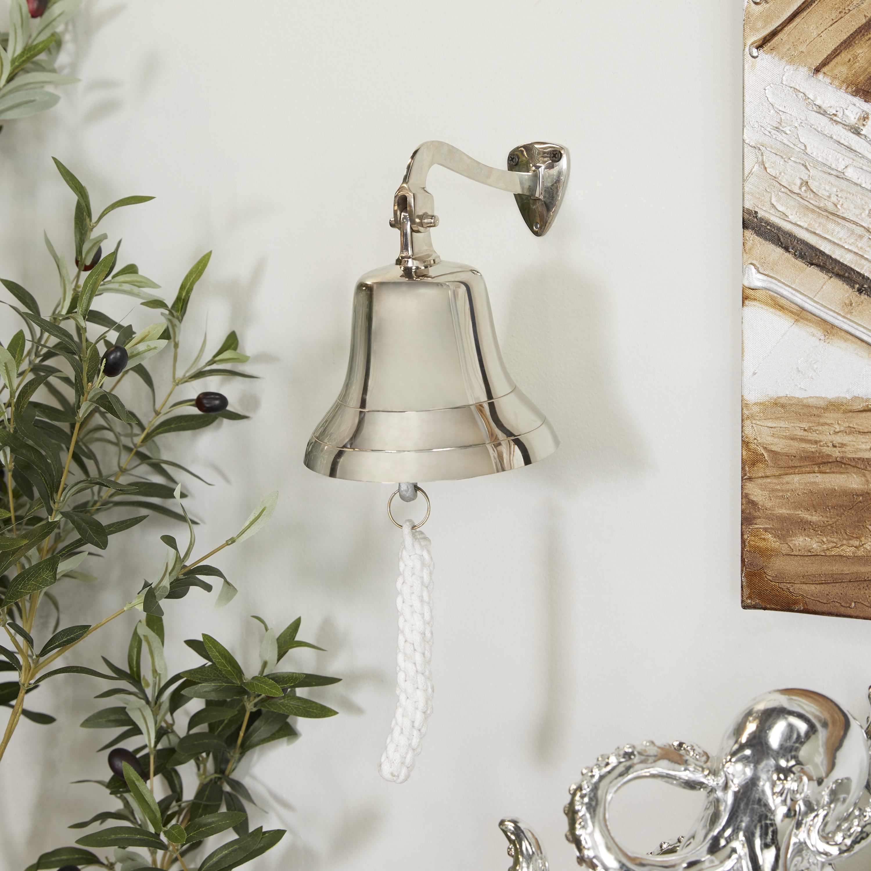 DecMode Silver Brass Bell Decorative Bell with Rope Detailing