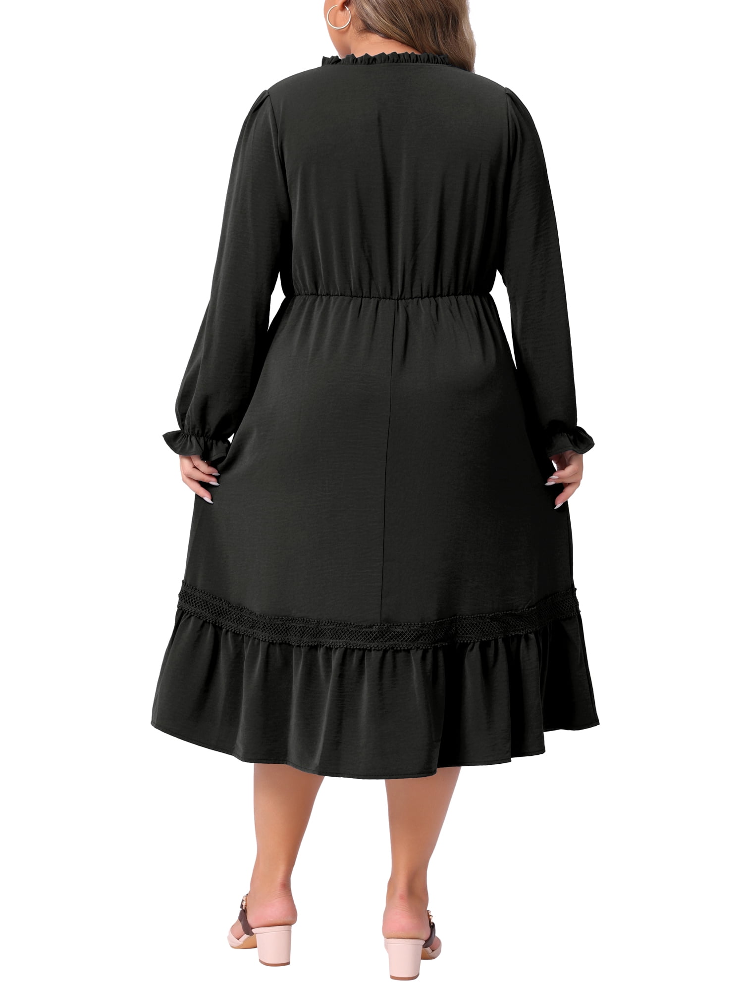 DARING DIVA Women's Plus Size Ruffle V Neck Long Sleeve Midi Casual Dress 2X Black