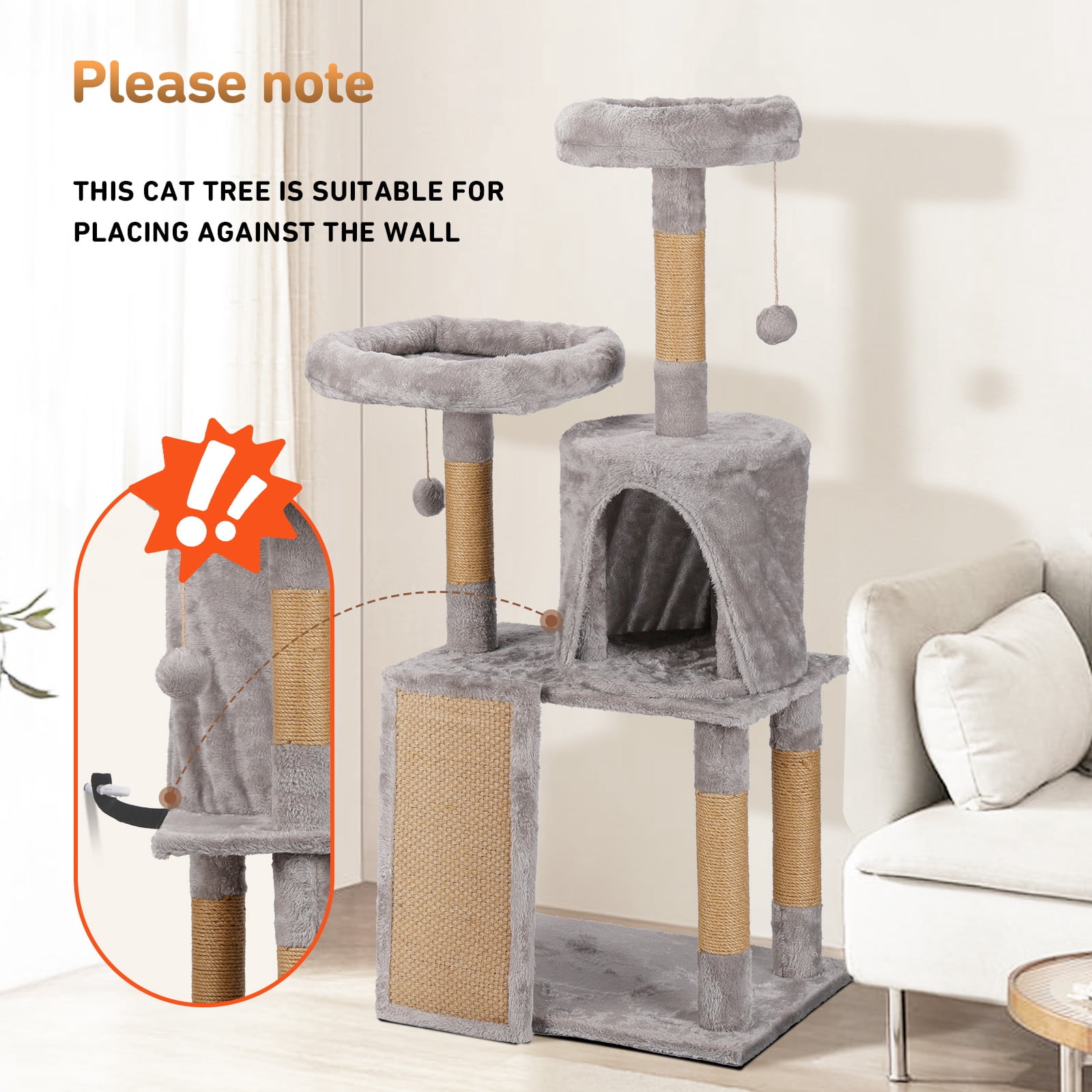 ZephyPaws 46in Cat Tree for Indoor Cats,Cat Tower with Scratching Post,Ramp,Perch,Cat Condo for Kittens,Elderly Cats,Light Gray