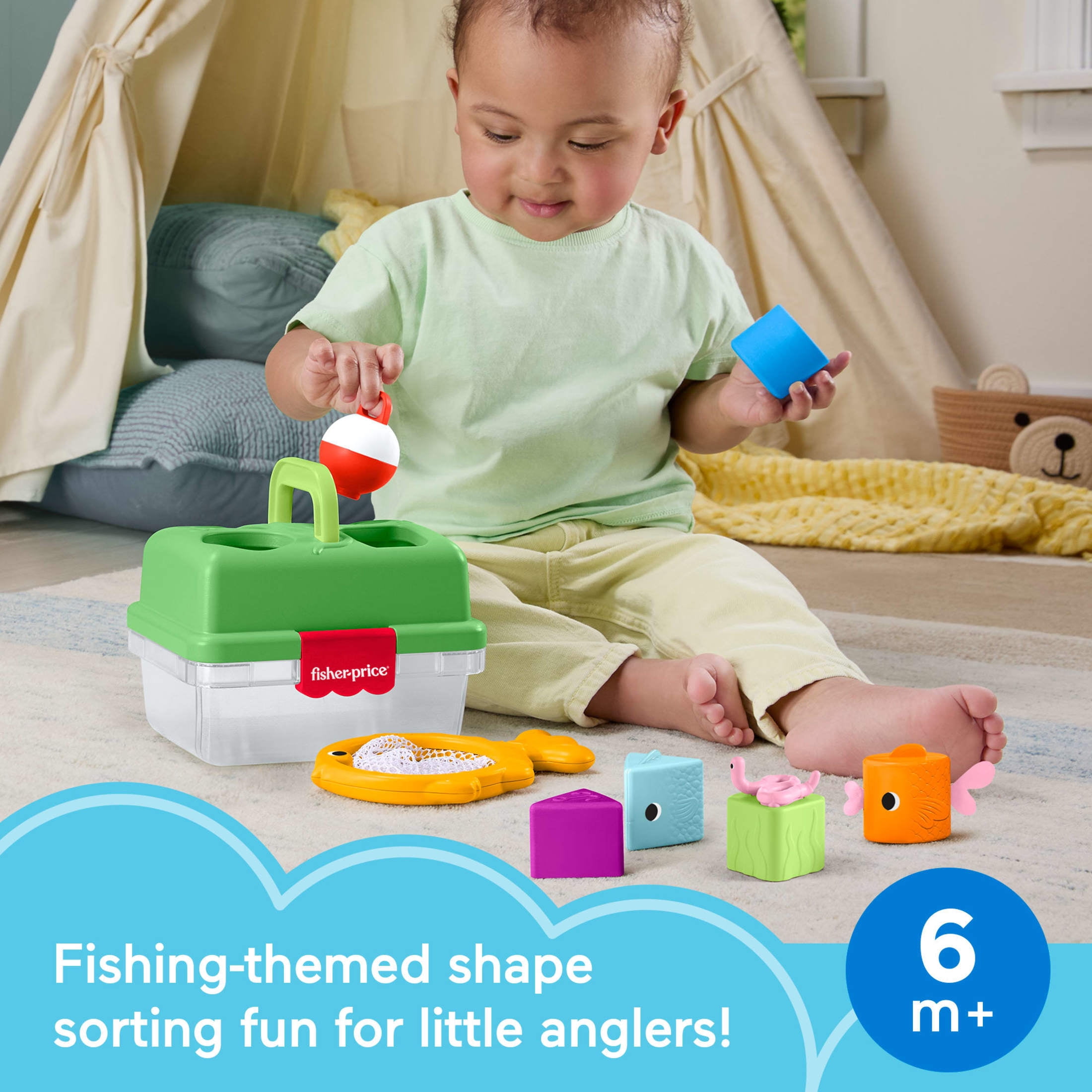 Fisher-Price Friendship Forest Sort & Store Tackle Box Baby Toy with 6 Shape Blocks & Fishing Net