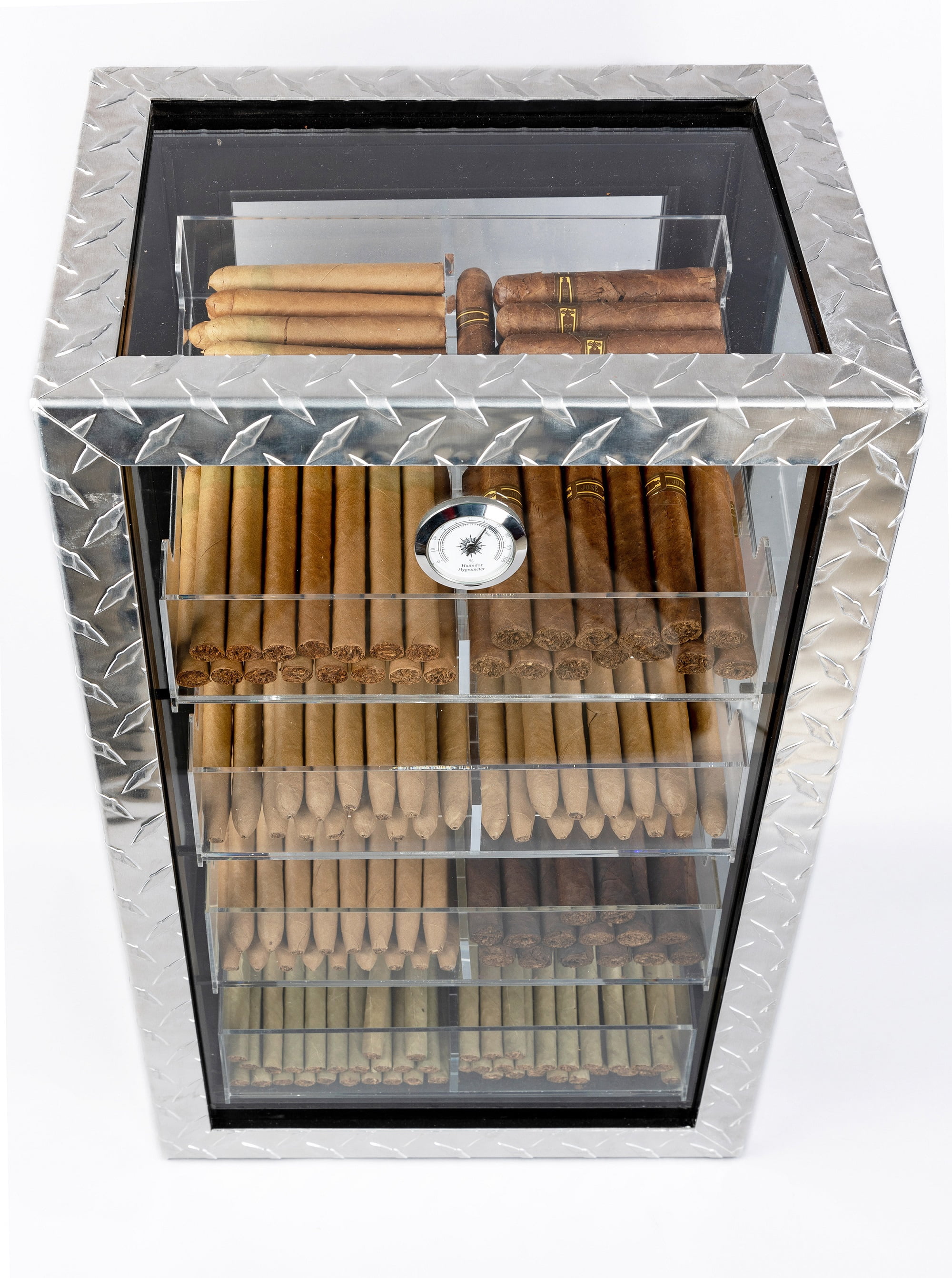 Prestige Import Group - The Diamond Plate & Glass Sides Countertop Display Humidor - Capacity: 250 - Color: Polished Metal & Glass