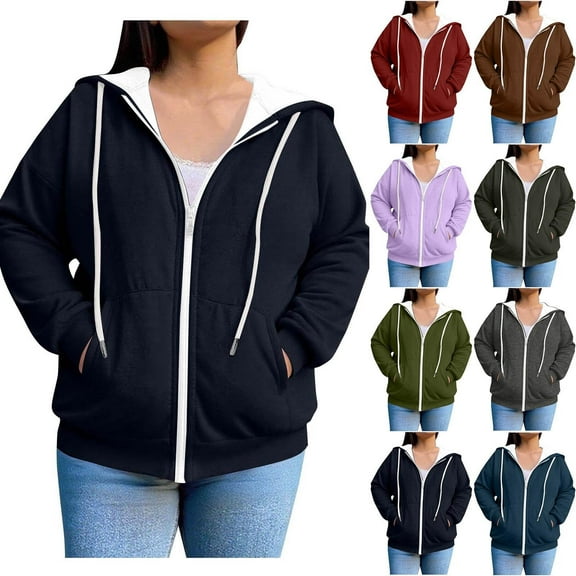 Hrsba Womens Sweatshirts Coat Solid Color Plus Size Loose Hooded Cardigan Long Sleeve Casual Fashion Top For Winter Fall