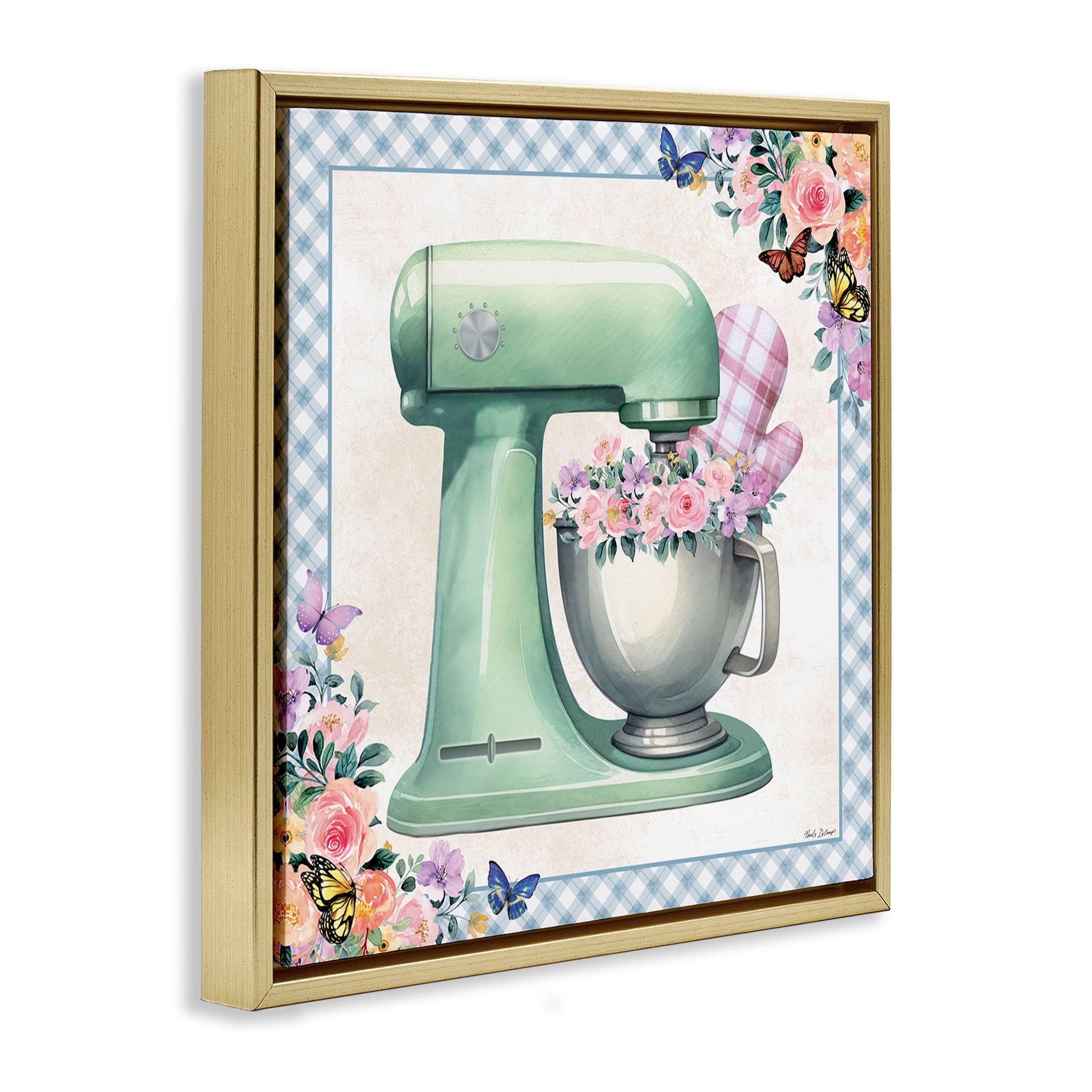 Stupell Industries Kitchen Mixer with Flowers Food & Beverage Painting Gold Floater Framed Canvas Art Print Wall Art, 18 x 18