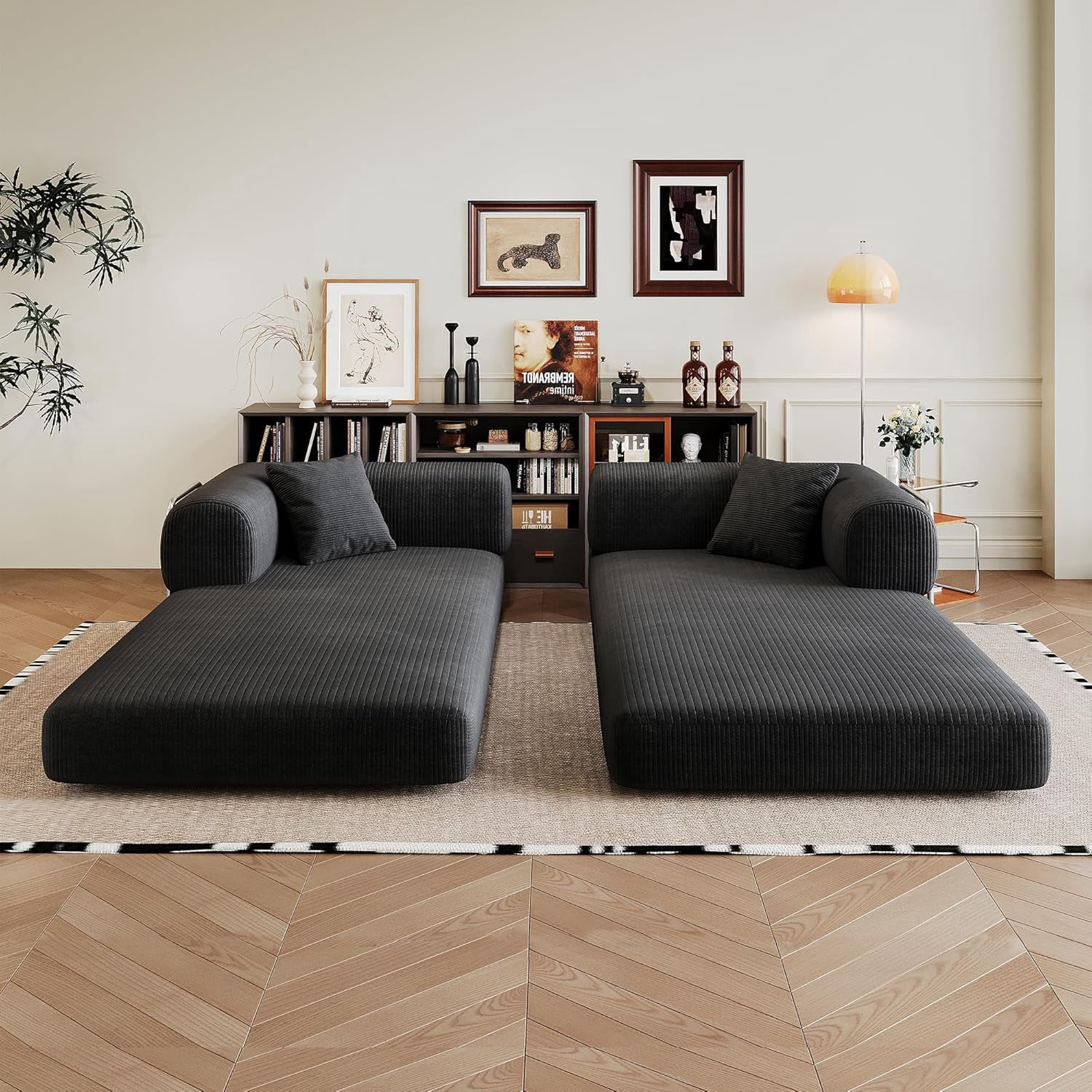 Howcool 79" Convertible Sofa Bed, Corduroy Folding Pull Out Couch with Pillows, Boneless Compression Sofa in a Box, Floor Sofa with Support Rods for Living Room, Black