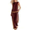 thumbnail image 2 of Women's 2 Piece Crew Neck Lounge Sets Summer Solid Color Patchwork V-Neck Top with Pockets Casual Long Pants Set, 2 of 9