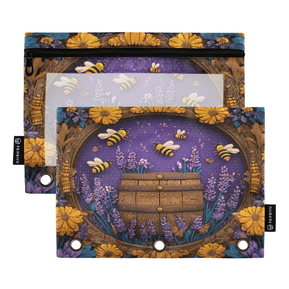 2 Pack 3 Ring Binder Pouch with Clear PVC Window Water Resistant Zipper Pencil Pouch Bees and Lavenders Binder Pocket for Classroom Office Home Stationery Organization