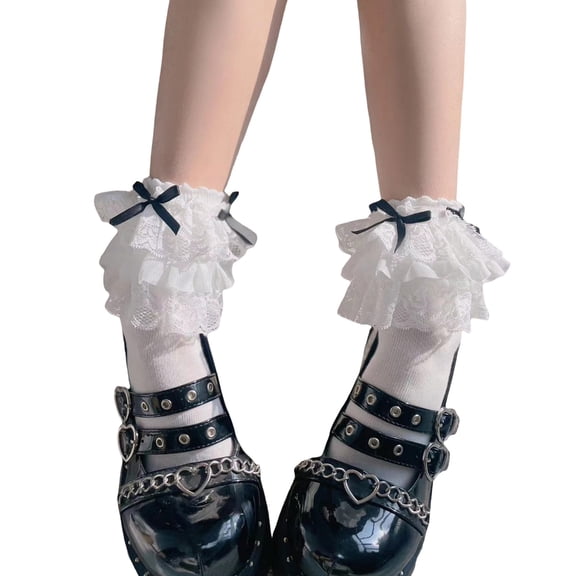 Yokua Cotton Ankle Socks for Women Layered Lace Ruffle Trim Frilly Bows Crew Socks