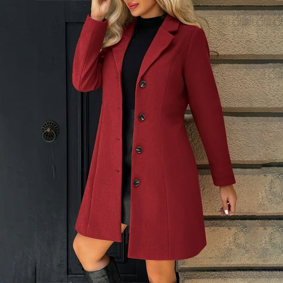 QUNYINEY Women's Trench Coats Red Winter Single Breasted Fleece Pea Coat Loose Fit Thicken Warm Stand Collar Long Sleeve Womens Jackets Trendy