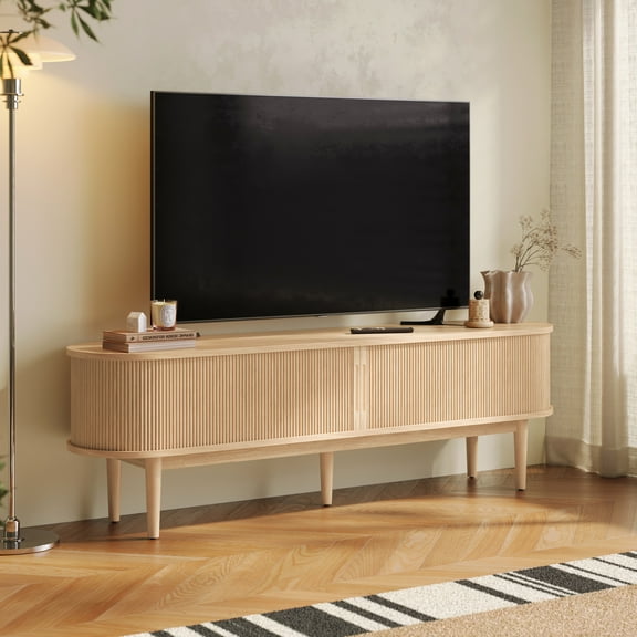 LINSY HOME Fluted TV Stand for TVs up to 75", Mid-Century Home Entertainment Center with Sliding Tambour Door and Adjustable Shelves, Oak