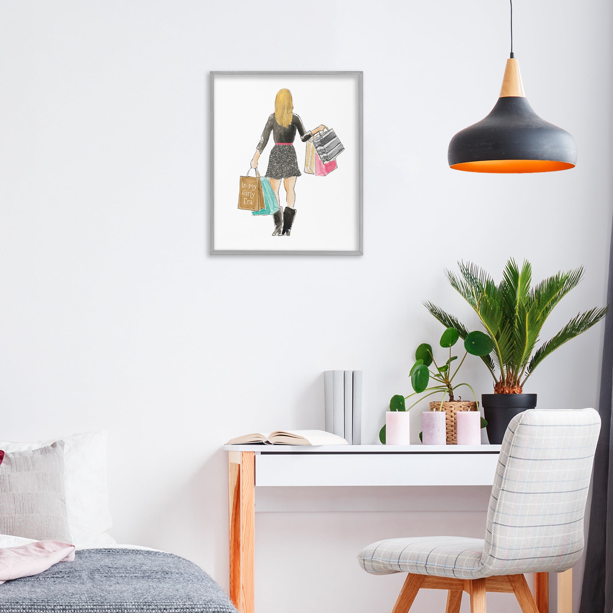 Stupell Industries Girl With Shopping Bags Gray Framed Giclee Art, design by Lanie Loreth