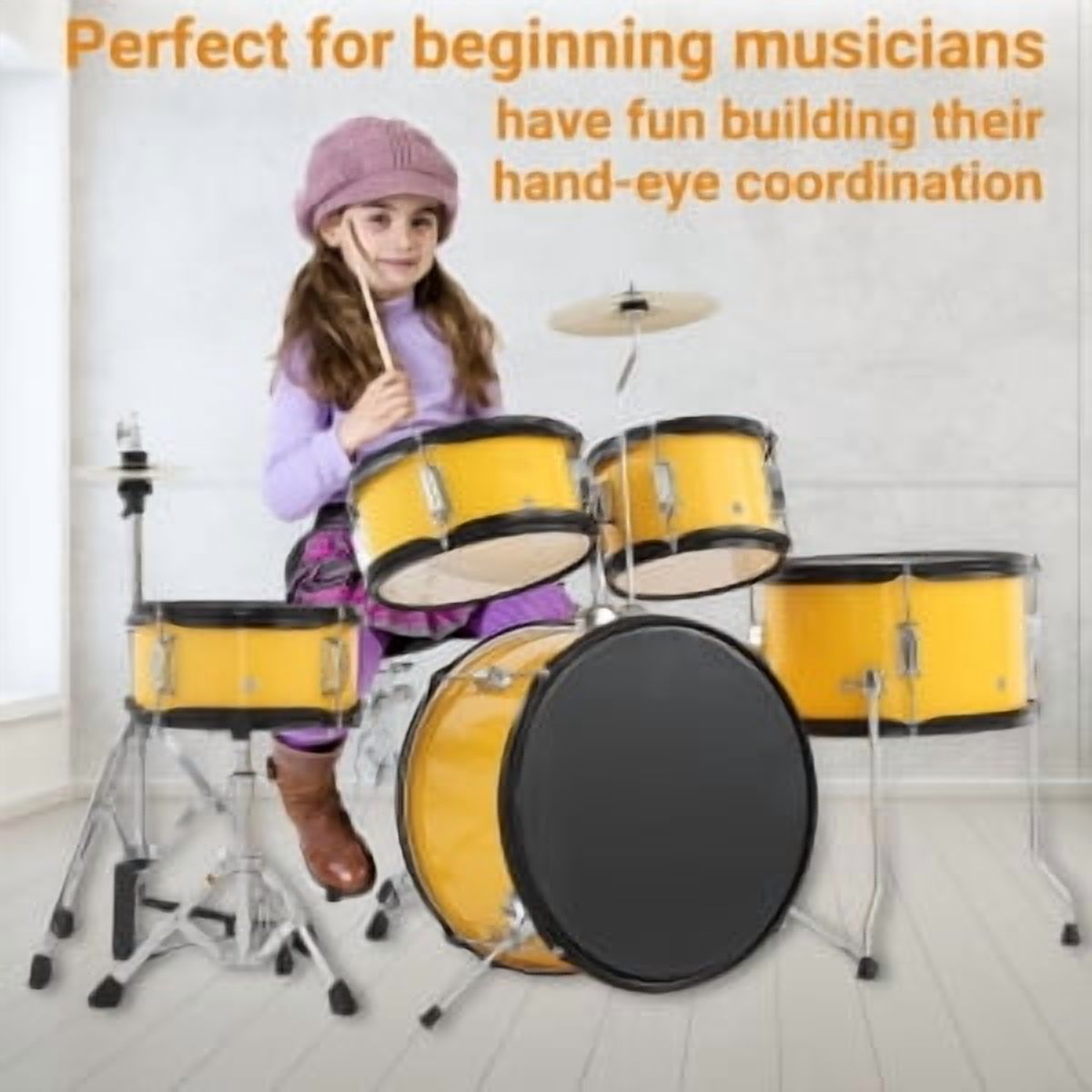 Huisuilinss 5-Piece Junior Drums Set,Beginners Drum Kit with Throne Stool, Pedal & Drumsticks, Kids Drums Musical Instruments W/Cymbal, Hi-Hat, Floor, Tom