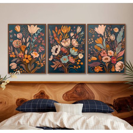 Boho Flower Bouquet Prints Set Of 3 Mid Century Floral Wall Art