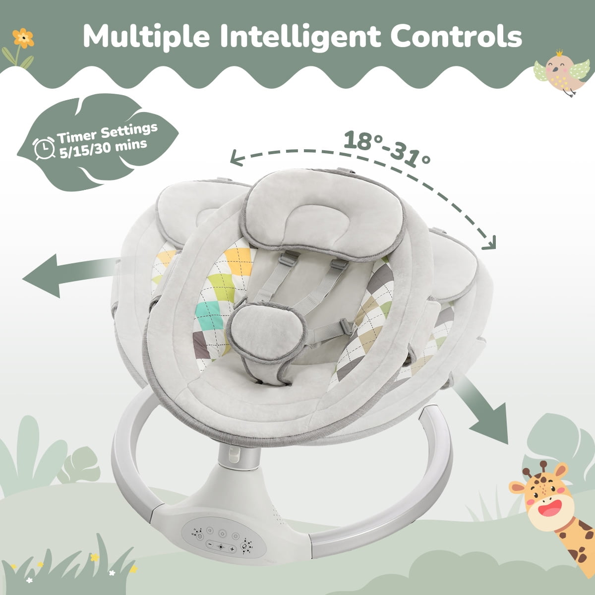 Baby Swing for Infants, Caveen Baby Rocker with Dinner Plate, 5 Swing Speeds, Adapter Battery Operated, Indoor,Outdoor, Grey
