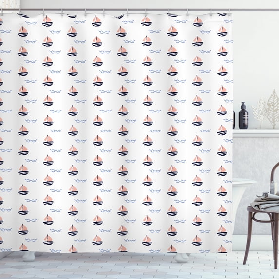 Sailboat Shower Curtain, Scandinavian Style Boat Illustration and Hand Drawn Waves, Fabric Bathroom Set with Hooks, 69W X 84L Inches Extra Long, Night Blue Blue Grey and Pale Peach, by Ambesonne
