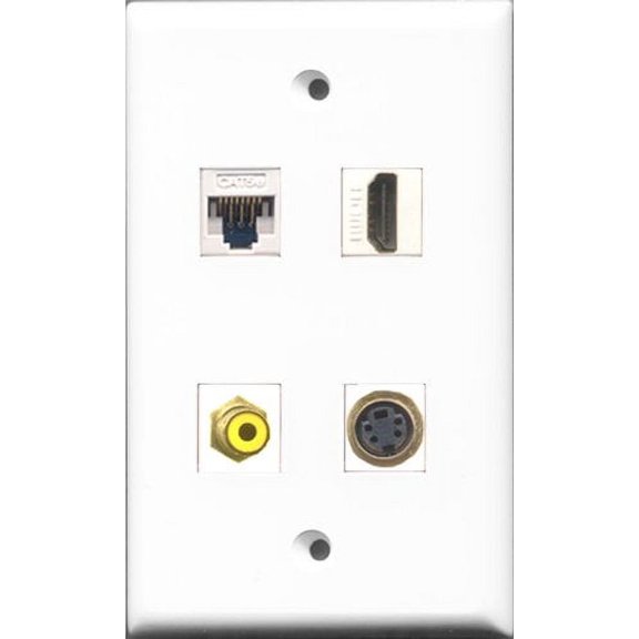 RiteAV - 1 Port HDMI and 1 Port RCA Yellow and 1 Port S-Video and 1 Port Cat5e Ethernet White Wall Plate