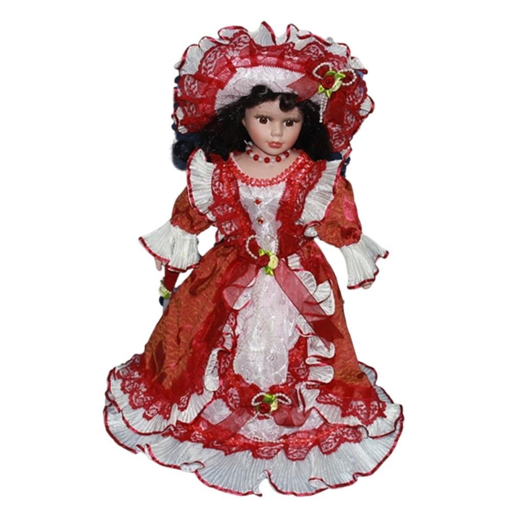 LeeQinersw 40cm Beautiful Curly Hair Collectible Ceramic Doll Dollhouse Lady with Dress for Red