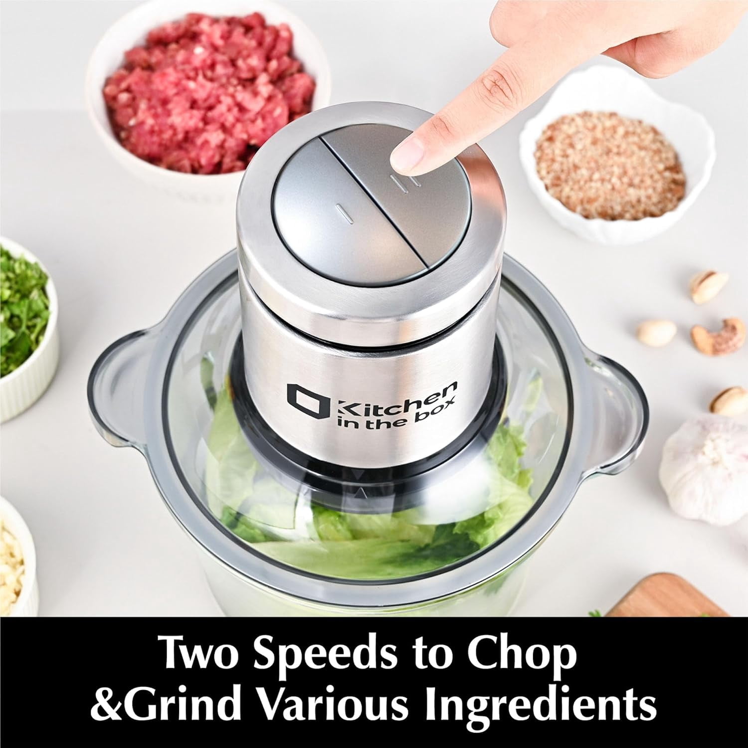Kitchen in the box Food Processor, Electric Meat Grinder & Food Chopper with 400W Powerful Veggie Chopper-2 Bowls（8 Cup+8 Cup） & 2 Bi-Level Blades for Meat/Fish/Vegetable/Baby Food（Black Button）