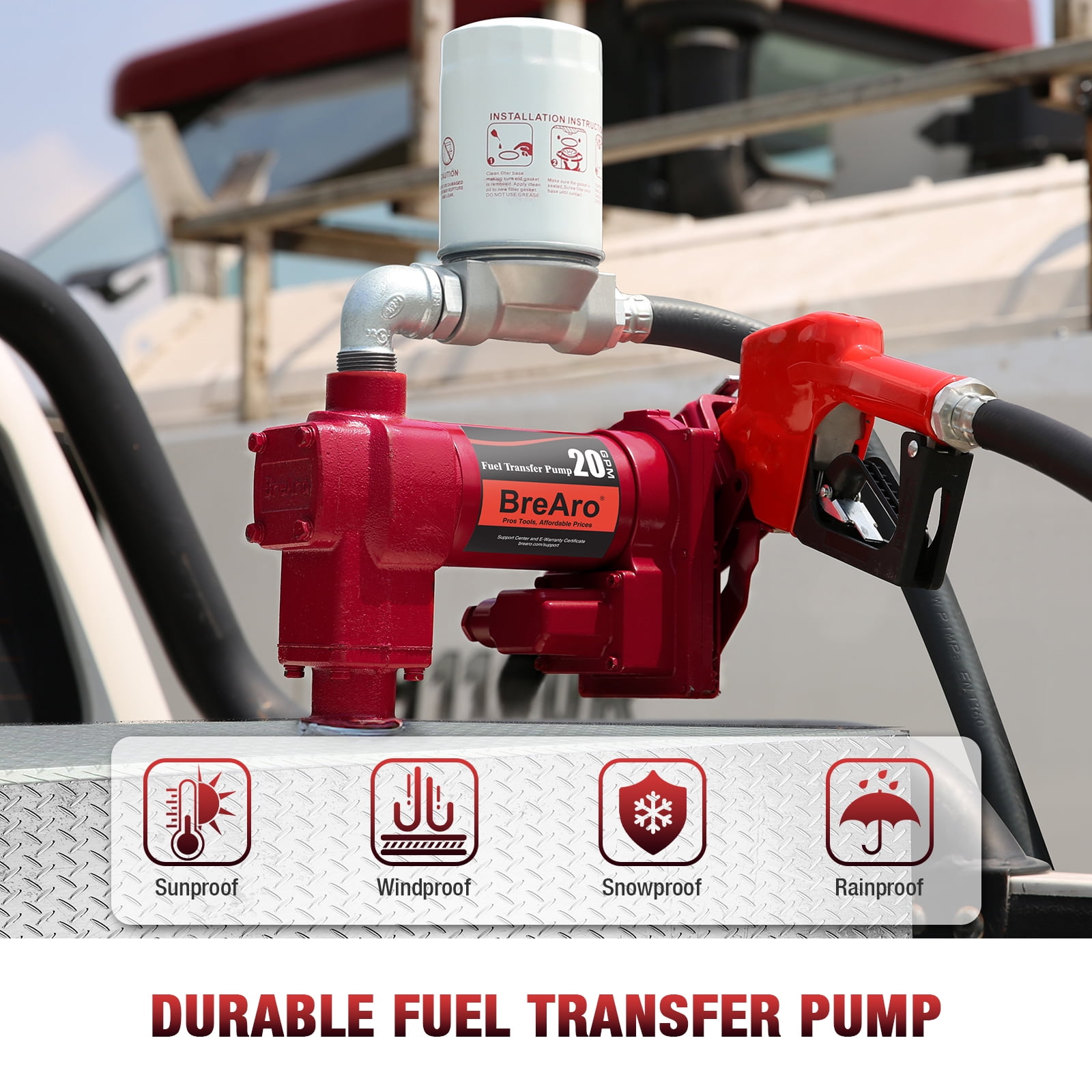 20GPM 12V DC Fuel Transfer Pump with Premium Filter, High Flow Gasoline Cast Iron Pump with Nozzle Kit for Diesel Kerosene Ethanol, Red