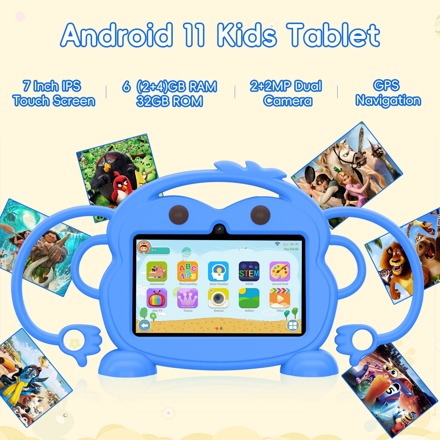 Kids Tablet, 7 inch Android Tablet for Kids, 6GB RAM 32GB ROM Quad-Core Toddler Tablet with Shockproof Case, Bluetooth, WiFi, Parental Control, 2MP+2MP Dual Camera, GPS, Games