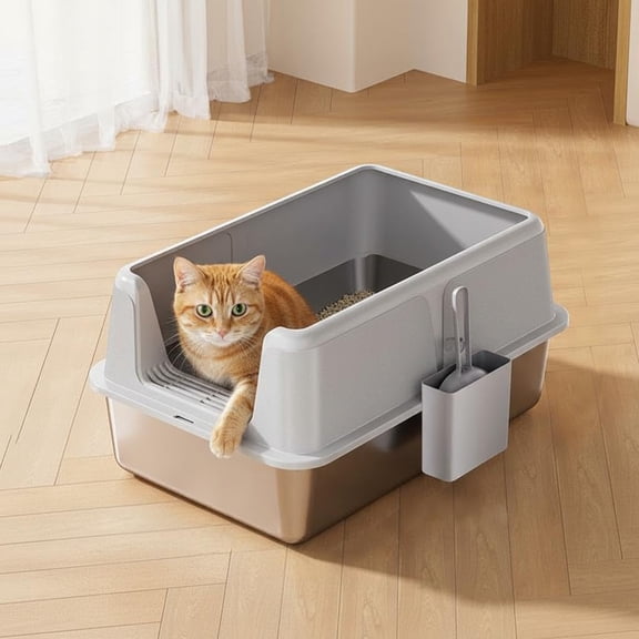 Stainless Steel Cat Litter Box, Side Opening Splash-Proof & Leak-Proof Large Metal Cat Litter Box with Lid & Scoop, Easy-Clean & Durable, 6'' Deep, Gray 60*40*30.5CM