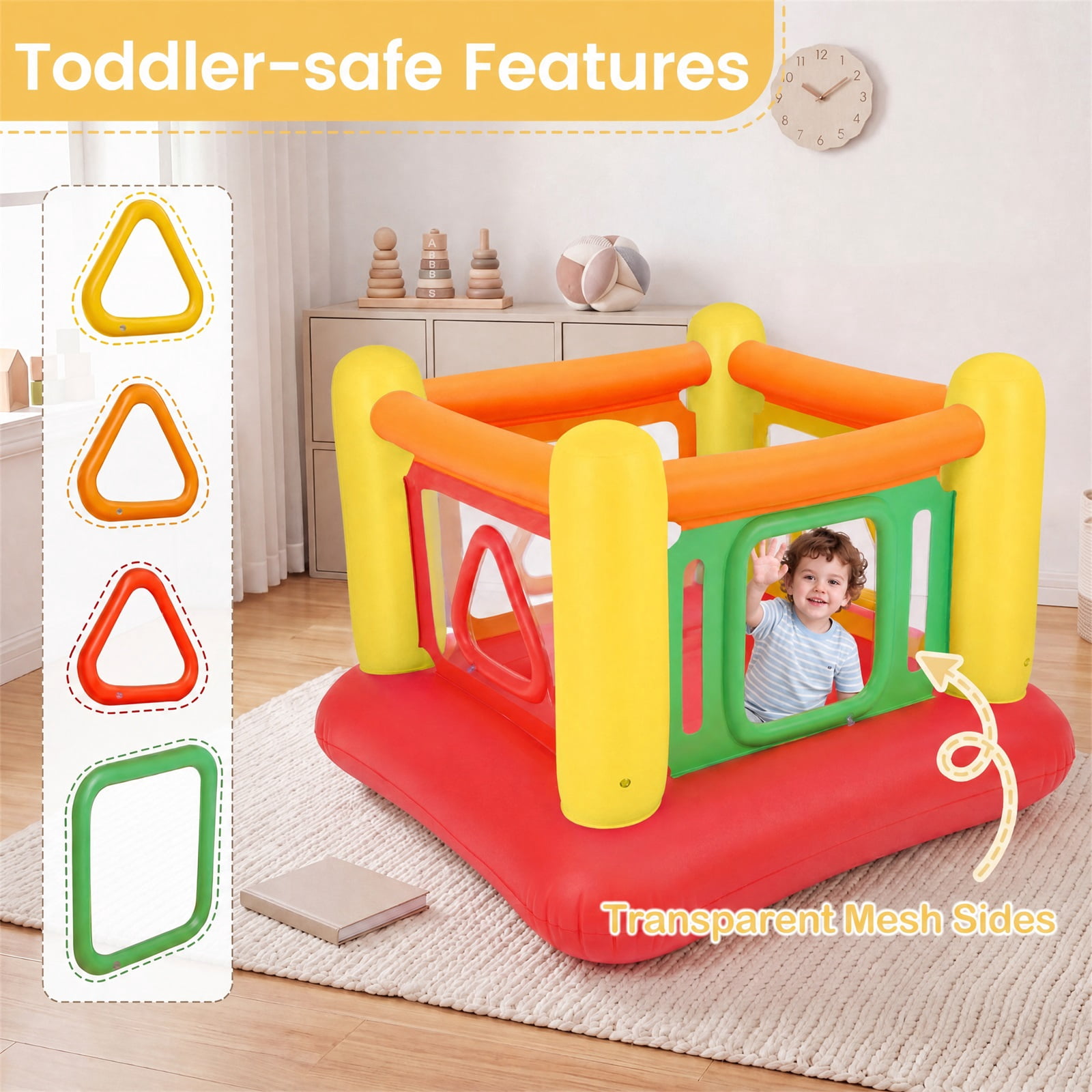 Costway Inflatable Bounce House for Kids, Blow Up Jumping House with Transparent Side Walls Red + Yellow + Orange