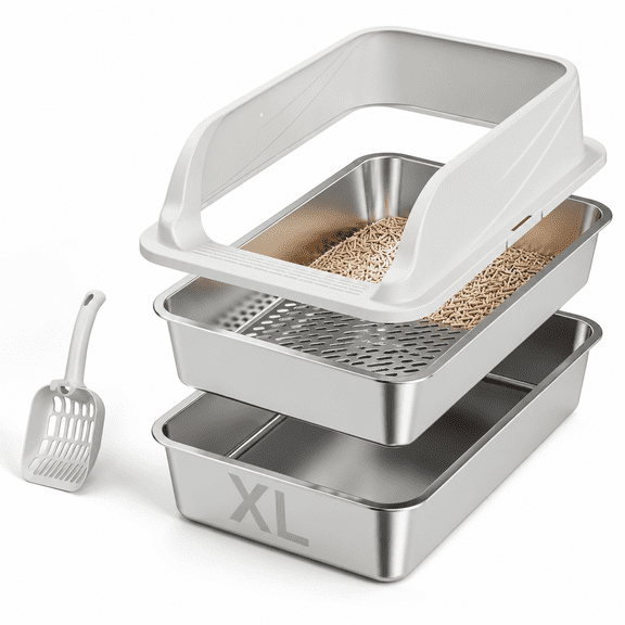 Light Grey XL Stainless Steel Sifting Cat Litter Box for Pine Pellets