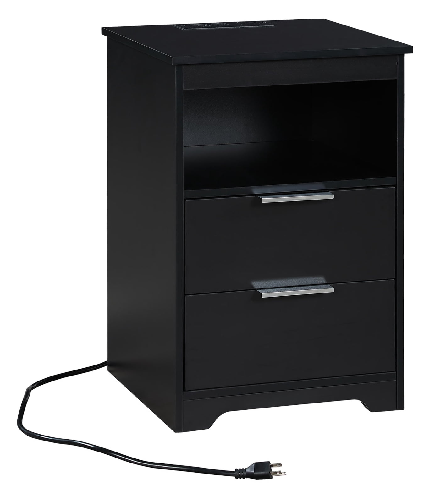 Nightstand with Charging Station,End Table with 2 Drawers,Wooden End Table with Drawer and Opening Shelf,Side Table for Bedroom, Black