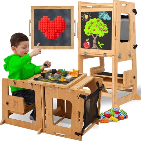 Convertible Toddler Tower Table with Storage, Bamboo 4-in-1 Toddler Tower Kitchen Helper, Weaning Table and Tower, Toddler Step Stool Foldable Learning Tower for Toddlers 1-3, Toddler Tower and Desk